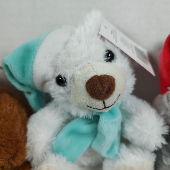Lot of 3 Christmas Mini Plush Bears Multicolor Xmas Gift Santa Hat Bow Stocking - Picture 4 of 16
